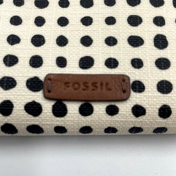 Fossil Caroline RFID Zip-Around Wallet Black Polka Dot Brown Leather Trim - Picture 3 of 7
